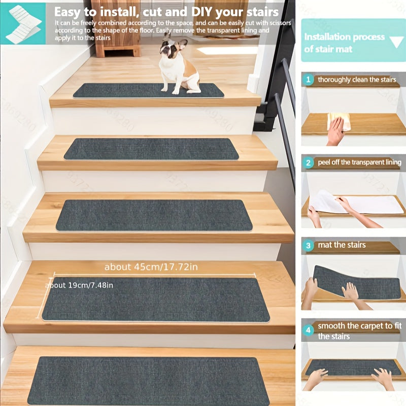 8pcs/15pcs Non-Slip Stair Treads for Indoor Wooden Steps - 17.7" x 7.4" Durable Polyester Safety Rugs, Pet-Friendly Anti-Slip Carpet for Stairs, Safe for Pets, Easy to Clean, Fits Wooden Steps, Stair Treads for Stairs, Petfri